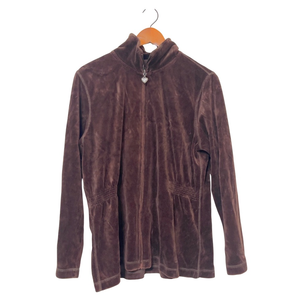 Three Hearts Women Brown Velour Zip Up Jacket Large Heart Pull Y2K Track Jacket